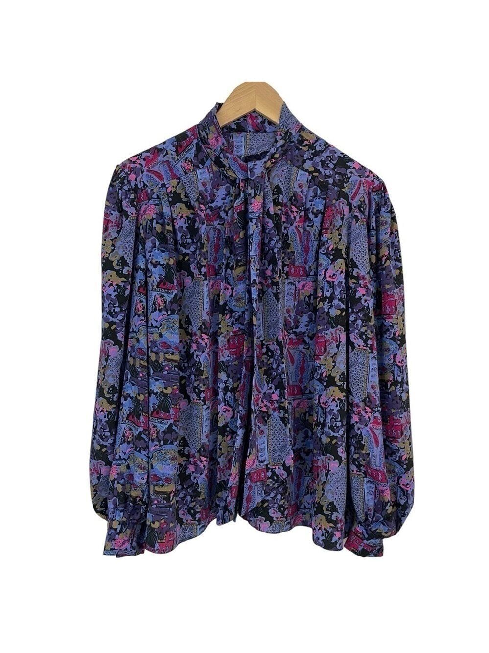 Vintage Handmade Button Up Blouse Womens L Purple Blue Modest High Neck EUC